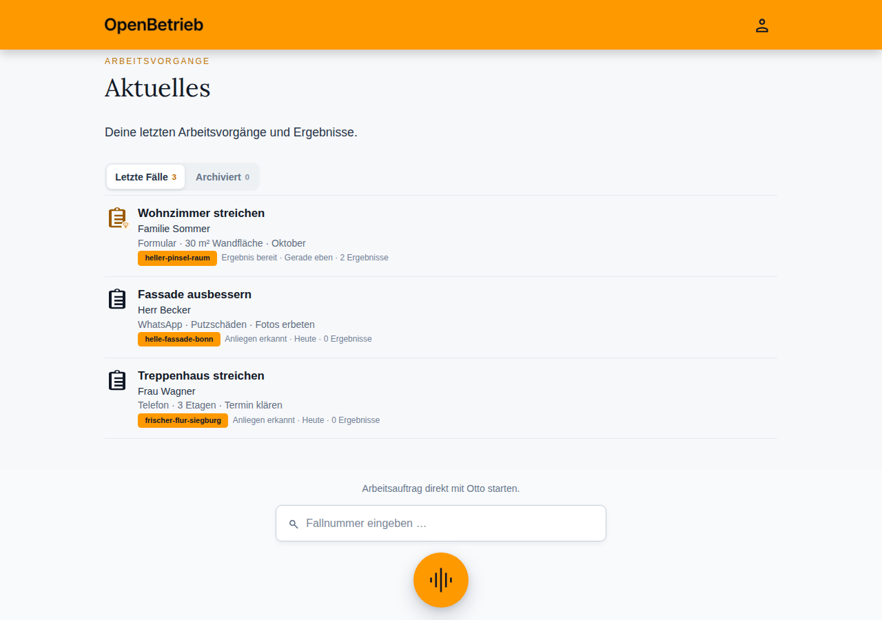 OpenBetrieb-Produktansicht am Desktop: Aktuelles mit Anfragen per Formular, WhatsApp und Telefon sowie dem Tab Archiviert. WhatsApp-Verfügbarkeit im Pilot prüfen.