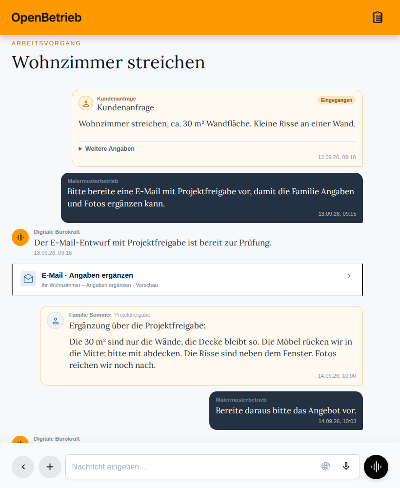 OpenBetrieb auf dem Tablet: die Fallakte zum Wohnzimmer mit Kundenangaben und vorbereiteter Rückfrage.