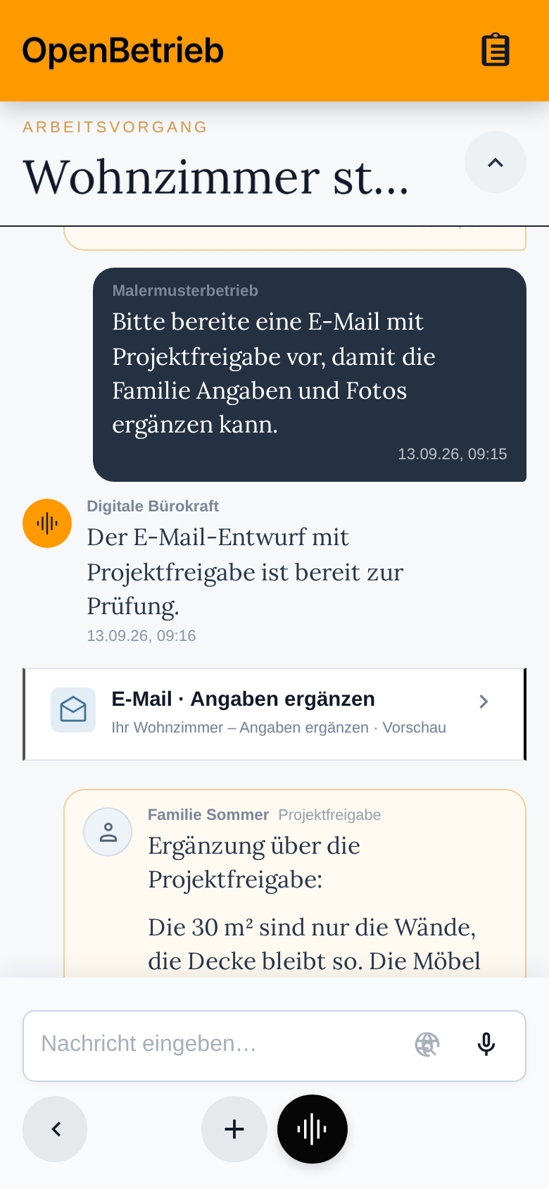 OpenBetrieb bereitet eine Rückfrage mit Projektfreigabe vor